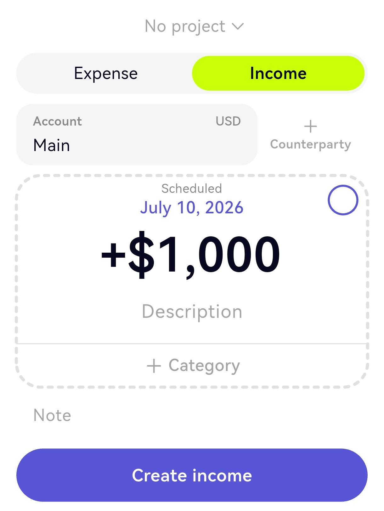 Adding a planned income entry in onbalance.