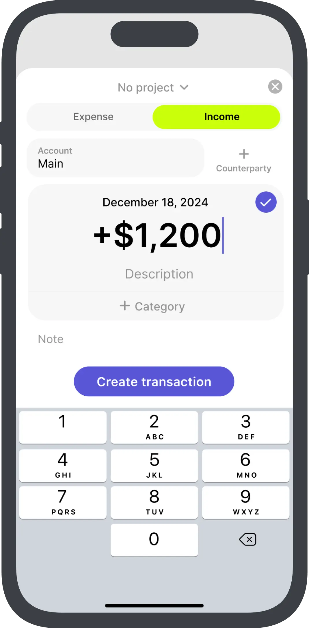 Transaction entry screen in onbalance